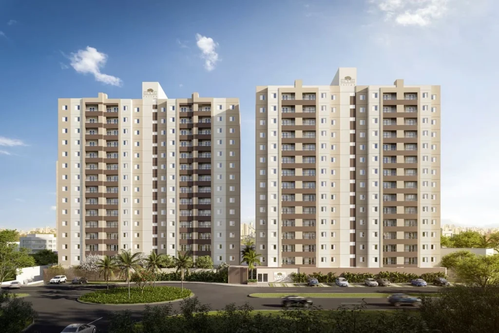 Vista frontal do Eco Vila Tulipa em Hortolândia – torres do condomínio e área de conforto e bem-estar